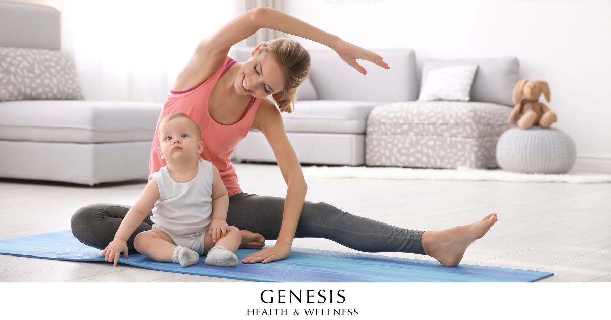 Joyful mother practicing yoga with her child while promoting the EMsella treatment at Genesis Health & Wellness in Valdosta, Georgia.